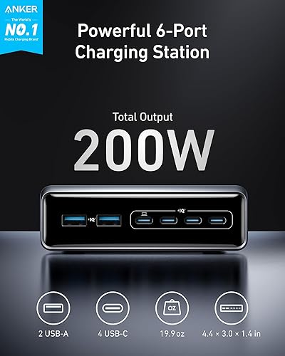 Miniatura 2 de Anker Cargador Prime, estación de carga GaN de 6 puertos de 200 W, cargador de escritorio de carga rápida USB-C PD, compatible con iPhone, Samsung,