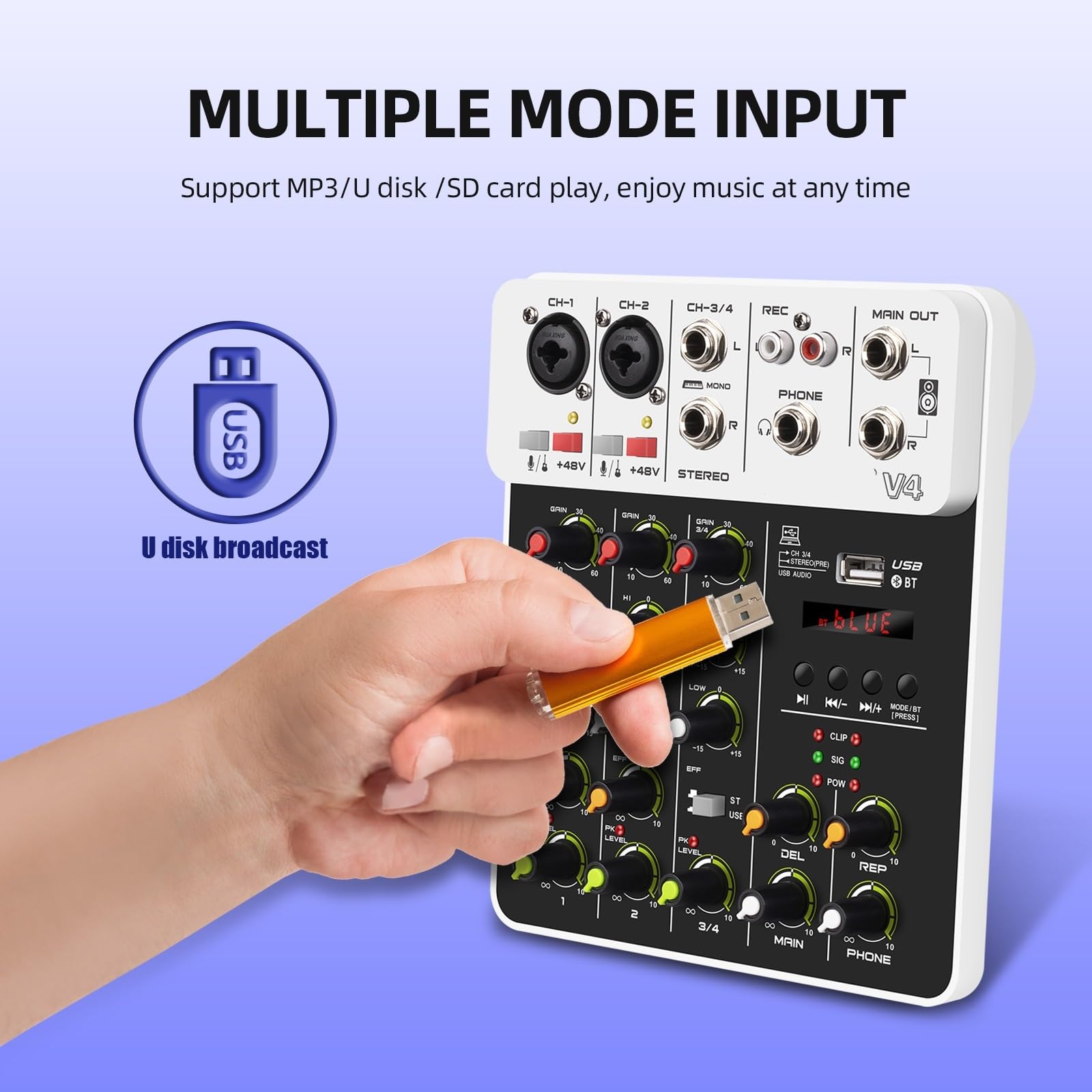 Mixer Audio, Mixer audio a 4 canali 2 pezzi, mixer controller DJ con alimentazione Phantom Bluetooth 5.0 48V