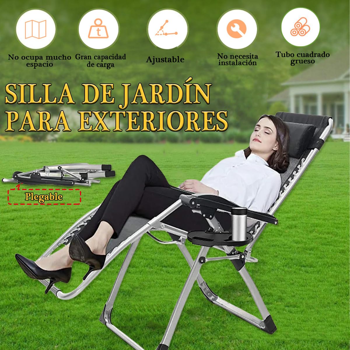 Tumbona Plegable Interior, Tumbonas Jardin Exterior Acolchada Pack de 2 Silla Gravedad Cero Reclinable Camping con Soporte para Bebidas Carga MáXima 200kg (Cojín Negro)