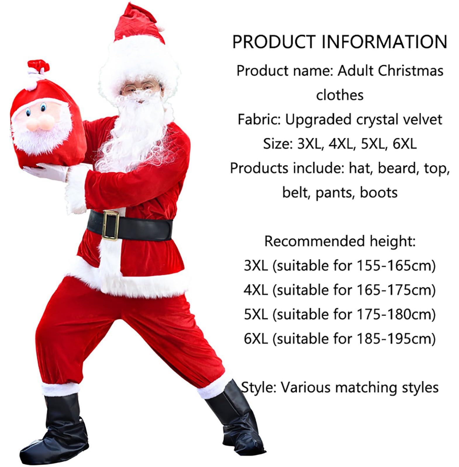 Weihnachtsmann Kostüm Set Mit Jacke Hose Mütze Bart Gürtel Schuhebedeckung, Herren Nikolaus Kostüm, Erwachsene Santa Claus Weihnachten Kleidung, 6-Teiliges 6XL