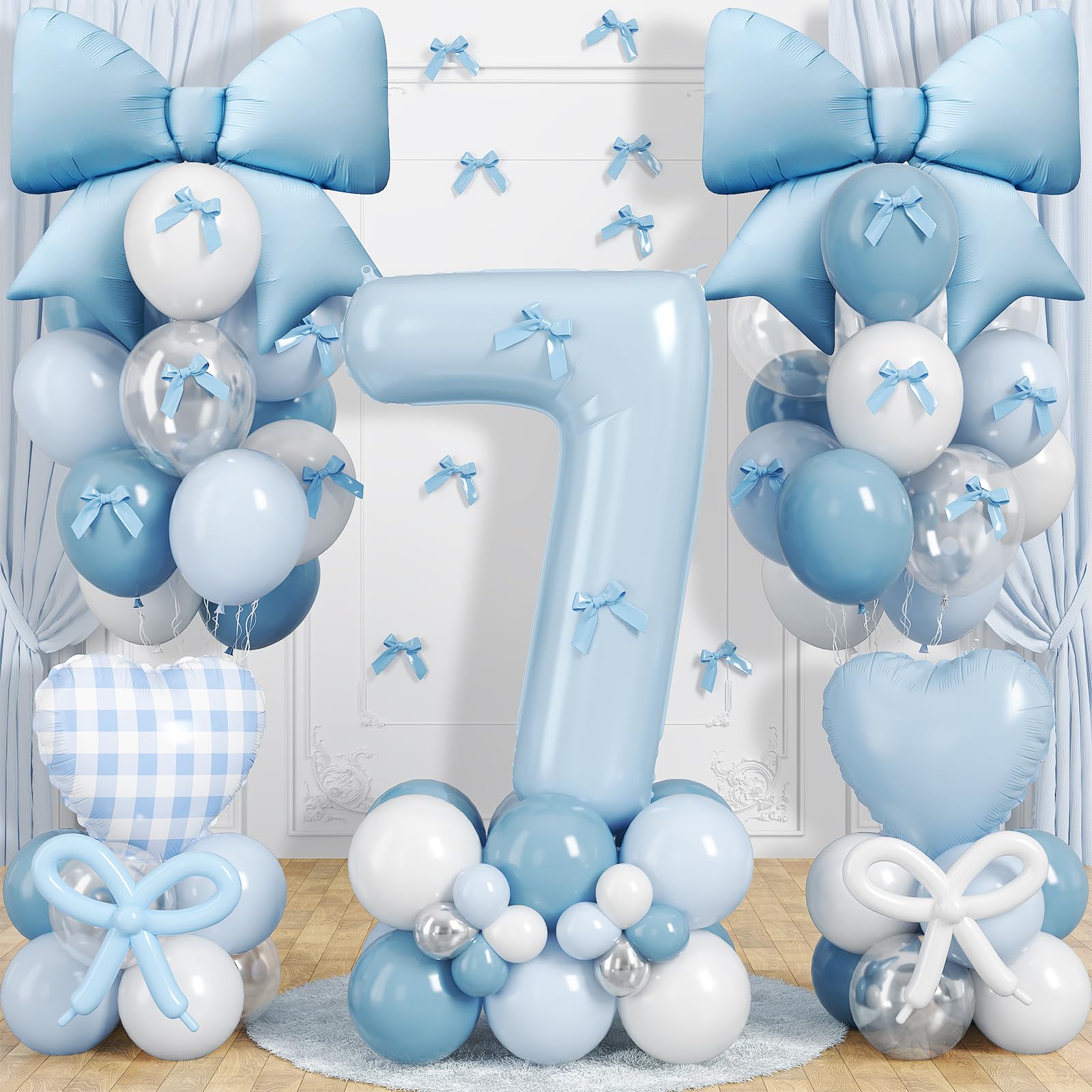 7th Birthday Decorations for Girl, Coquette Blue Bow Birthday Decorations