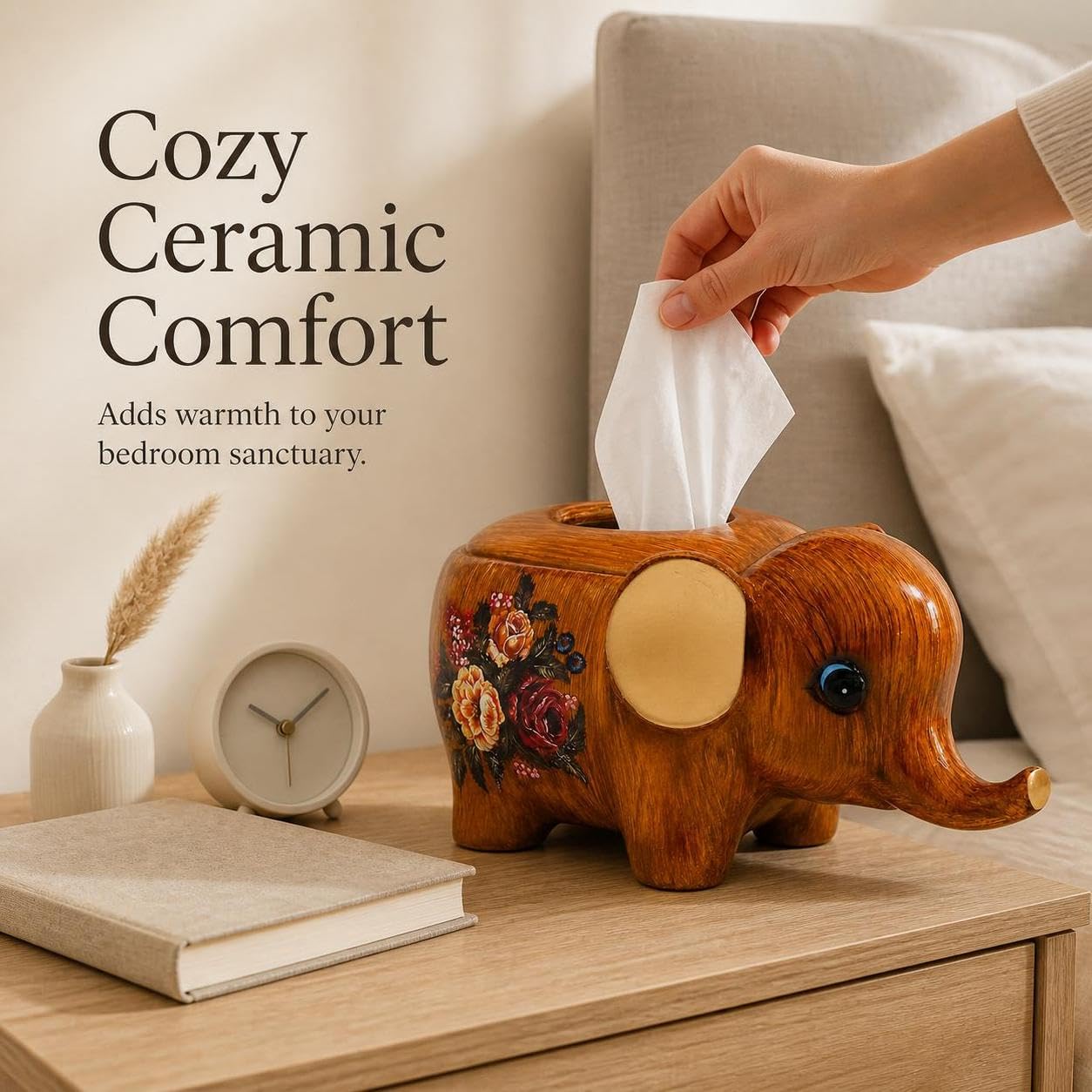 Boîte à Mouchoirs Éléphant Céramique, Éléphant Blanc Fleurs et Oiseaux