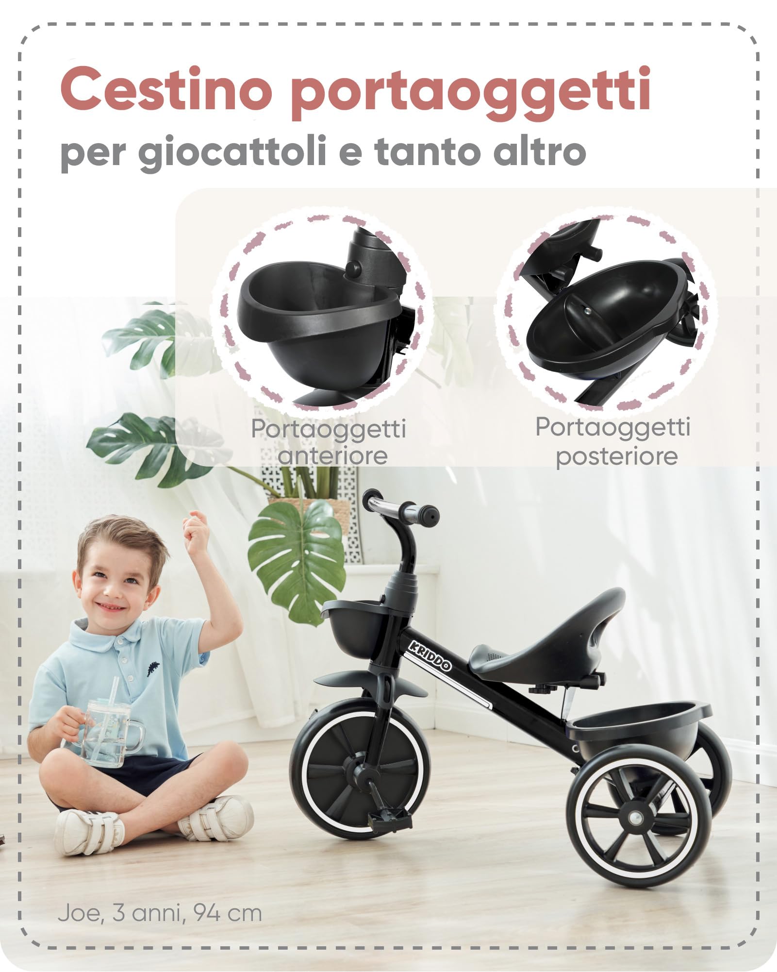 KRIDDO Triciclo per Bambini dai 24 mesi ai 5 anni, Tricicli per bambini da 2,5 a 5 anni, Triciclo Evolutivo da 2 a 4 anni, con Cestello Portaoggetti, Ideale da regalare, Nero