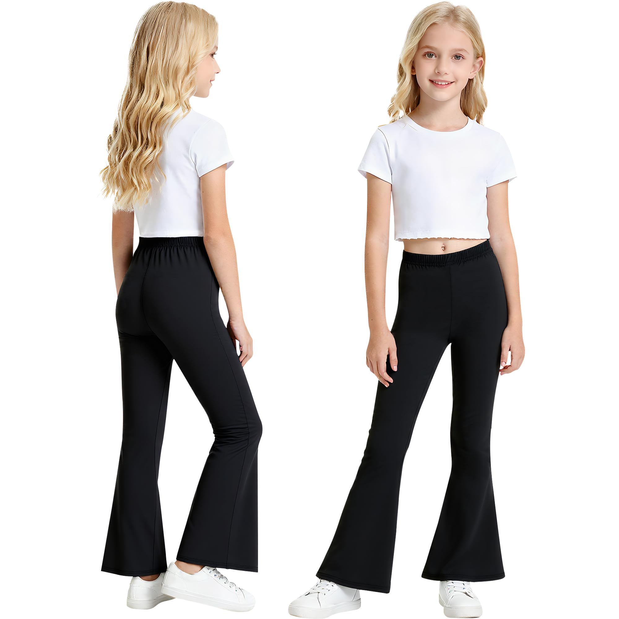 Leggings Flare pour Fille, Lot de 2, Coton Respirant Elastique Bootcut Legging,Couleur Unies Décontracté Doux Danse Sport Pantalon évasé Enfant Vêtements âge 5-16 Ans