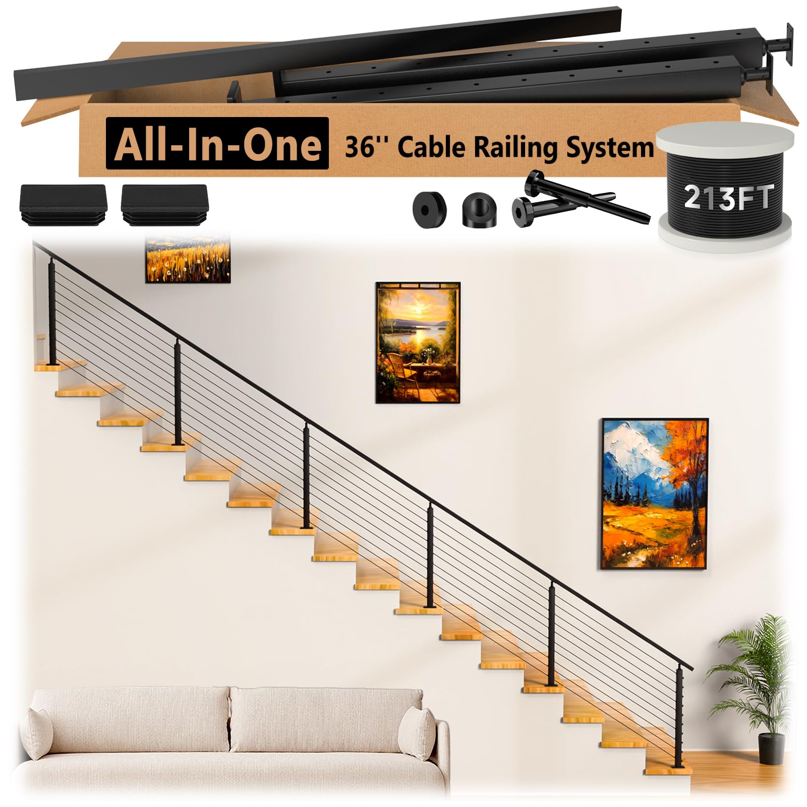 Zylorix 16ft-20ft Complete Set 36" Cable Railing System 33° Drilled with Cuttable Handrail Cable Rail, Black T304 Stainless Steel Angle Cable Railing