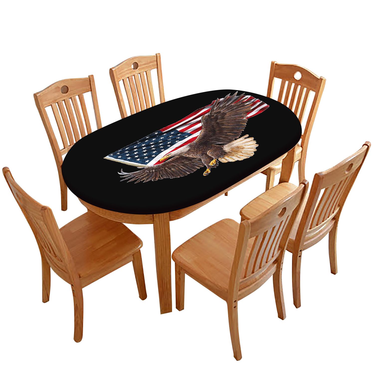 Dansfeng Fitted Tablecloths Oval, USA Flag on Black Background Print Polyester Table Cloths, Elastic Cover for Party Family Dinner Decor, Fits Tables