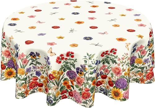 Miniatura 8 de Mantel redondo de ramas de cerezo de 60 pulgadas, mantel floral rosa vintage, lavable, para primavera y verano, para cocina, comedor, vacaciones,