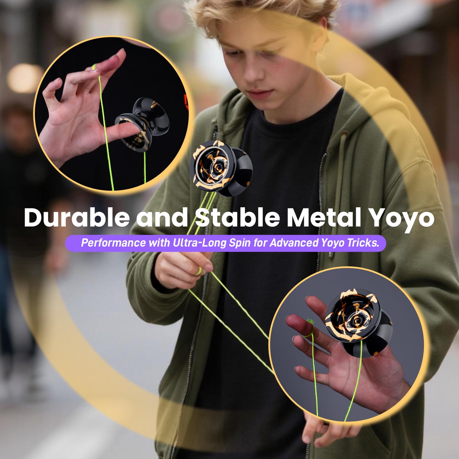 MAGICYOYO N11 Metal Unresponsive Professional Yoyo for Adults & Kids | Responsive Yoyo for Kids 8-12 Dual Purpose Trick Yo Yo with 12 Yo-yo Strings Responsive Bearing Kit Black Golden Splash product thumbnail 5
