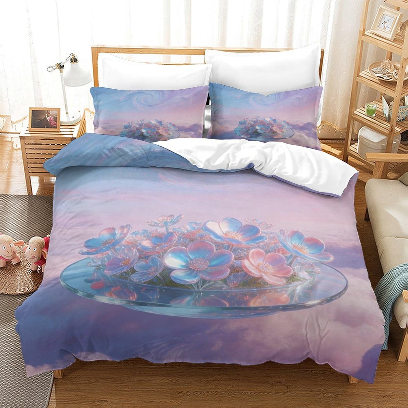 Housse de couette motif floral 3D linge de lit microfibre respirant parure adulte single 140x200