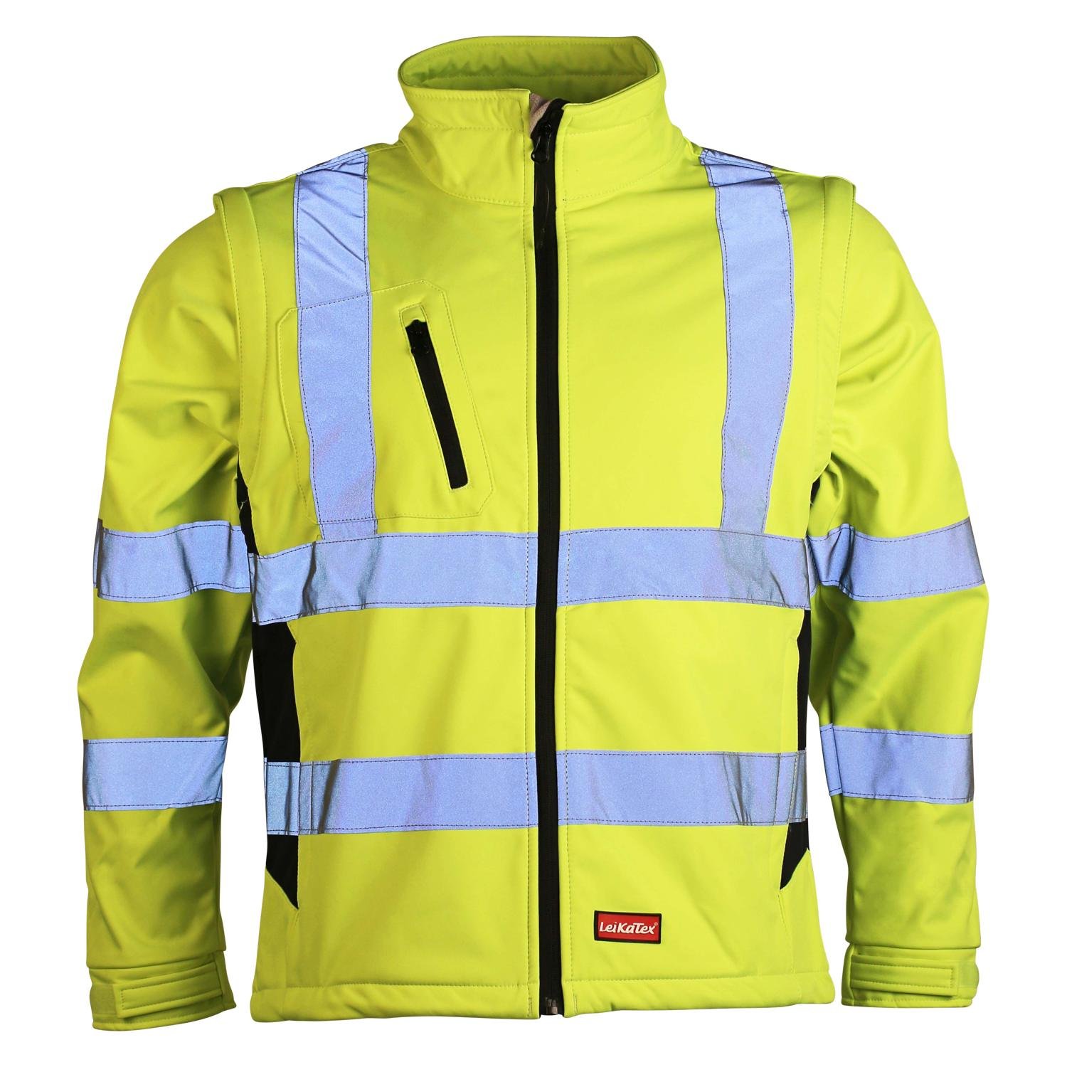 LeiKaTex Softshell-Warnschutzjacke für Herren und Damen (XL, Neongelb/Marine) winddicht, wasserabweisend, atmungsaktiv, abnehmbare Ärmel, Fleece Innenstoff EN 20471 Arbeitsjacke
