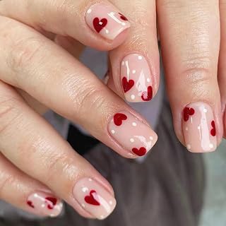 Press on Nails Short Square Fake Nails with Red Heart White Polka Dots Designs Cute False Nails Press ons Glossy Glue on Nails for Women Girls 24 Pcs