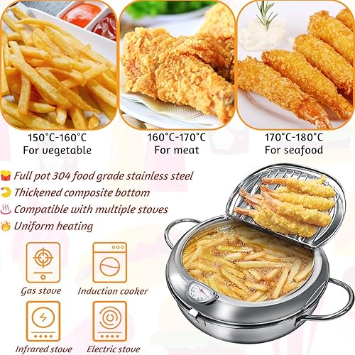 Miniatura 6 de Olla Freidora Profunda, 4.4Qt  11 Pulgadas Estilo Japonés Freidora Profunda Pequeña de Acero Inoxidable 304, con Control de Temperatura y Rejilla de