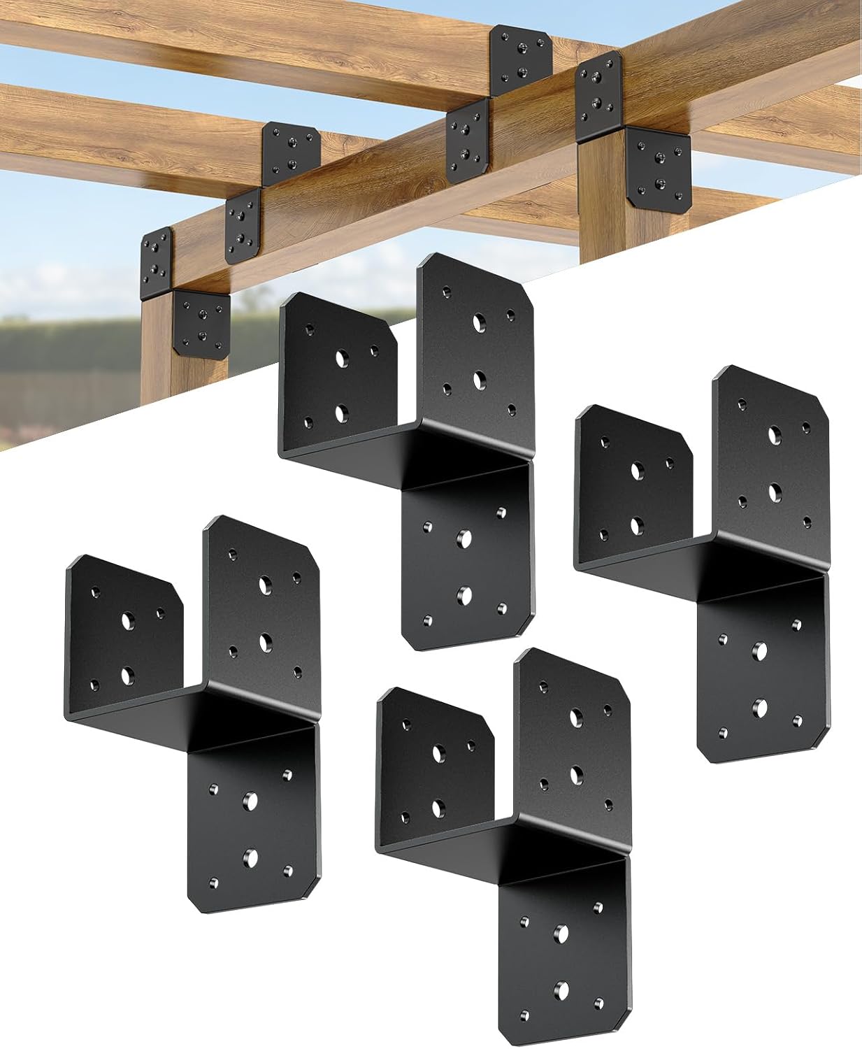 Heavy-Duty Joist Anchor Connectors, 4x4 Post Caps Tie Brackets, Post Anchor Connector for Wood Gazebo, Deck & Porch, Truss to Beam (Black-4 Pcs)