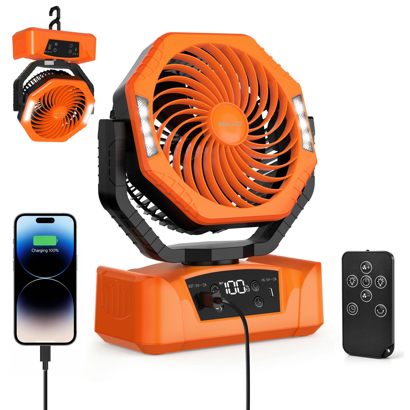 ELZO 20000mAh Camping Fan with LED Light, Portable Rechargeable Desk Tent USB Fan with Remote & Hook, Head Rotation, 5 Step Speed, with Sleep Mode for Home Outdoor Office Travel Fishing