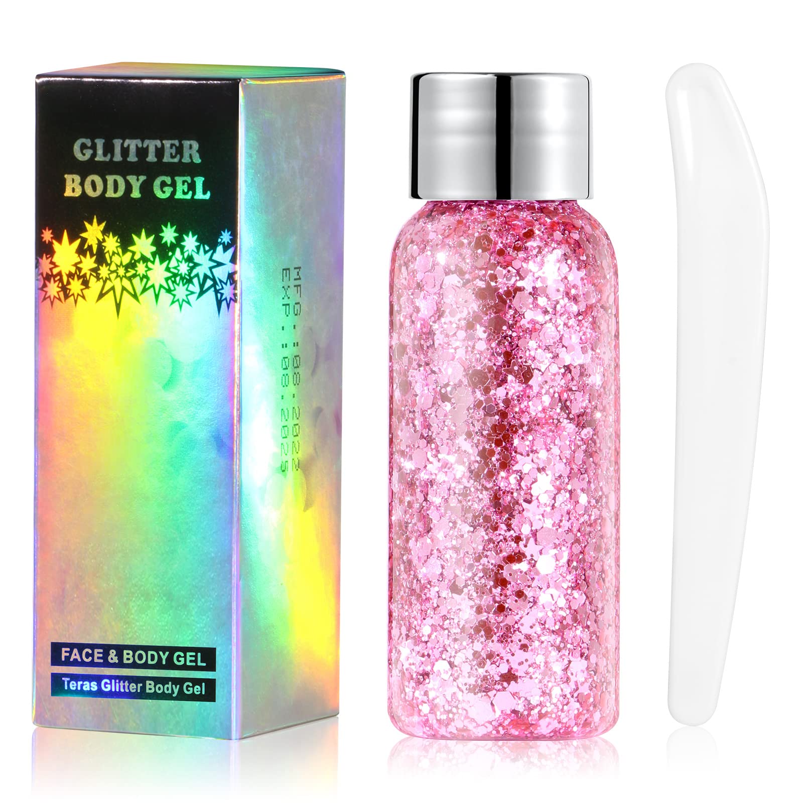 URAQT Body Glitter Gel, Chunky Glitter Gel, Chunky Body Lotion Glitzer Flüssiger Lidschatten, Meerjungfrau Pailletten Funkelnde für Gesicht Haare Lippen Nägel Make Up Kosmetik Festival (Rosa)