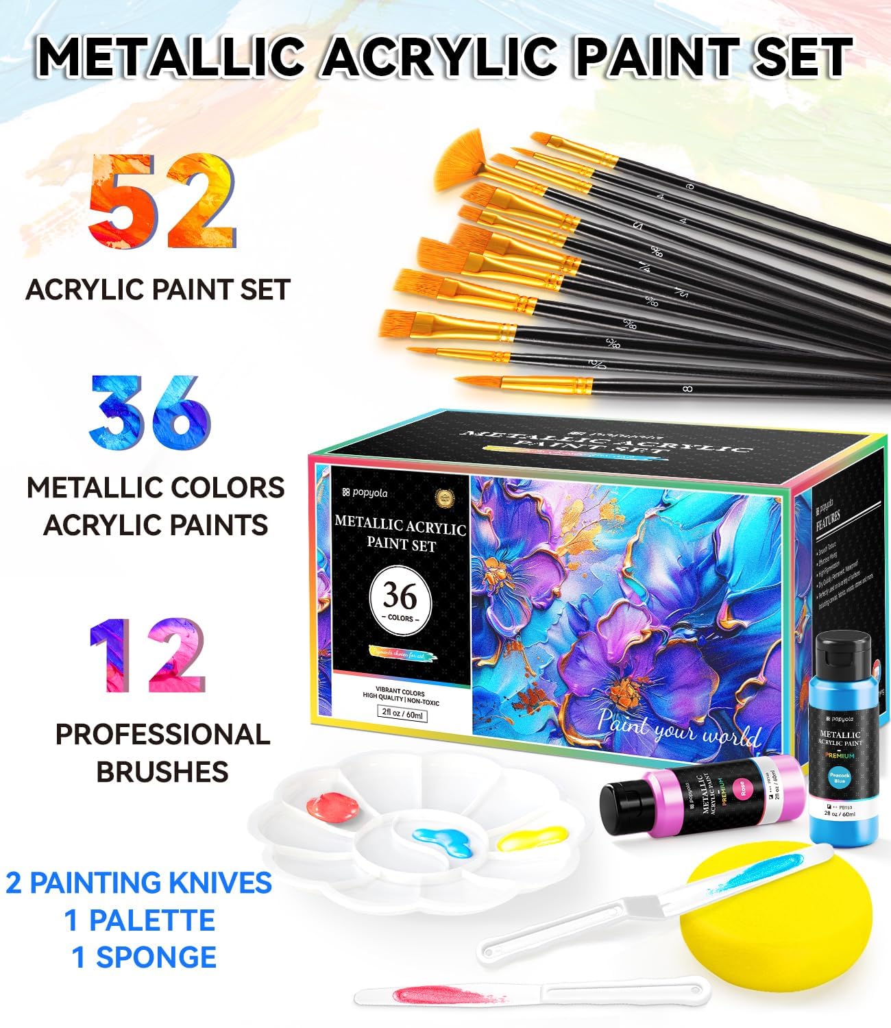 52 PCS Metallic Acrylic Paint Set with 12 Brushes, 2 Knives & Palette, 36 Colors (2oz/60ml) Art Craft Paint for Adults Kids Artists Beginners, Halloween Pumpkin Canvas Ceramic Rock Painting Kit