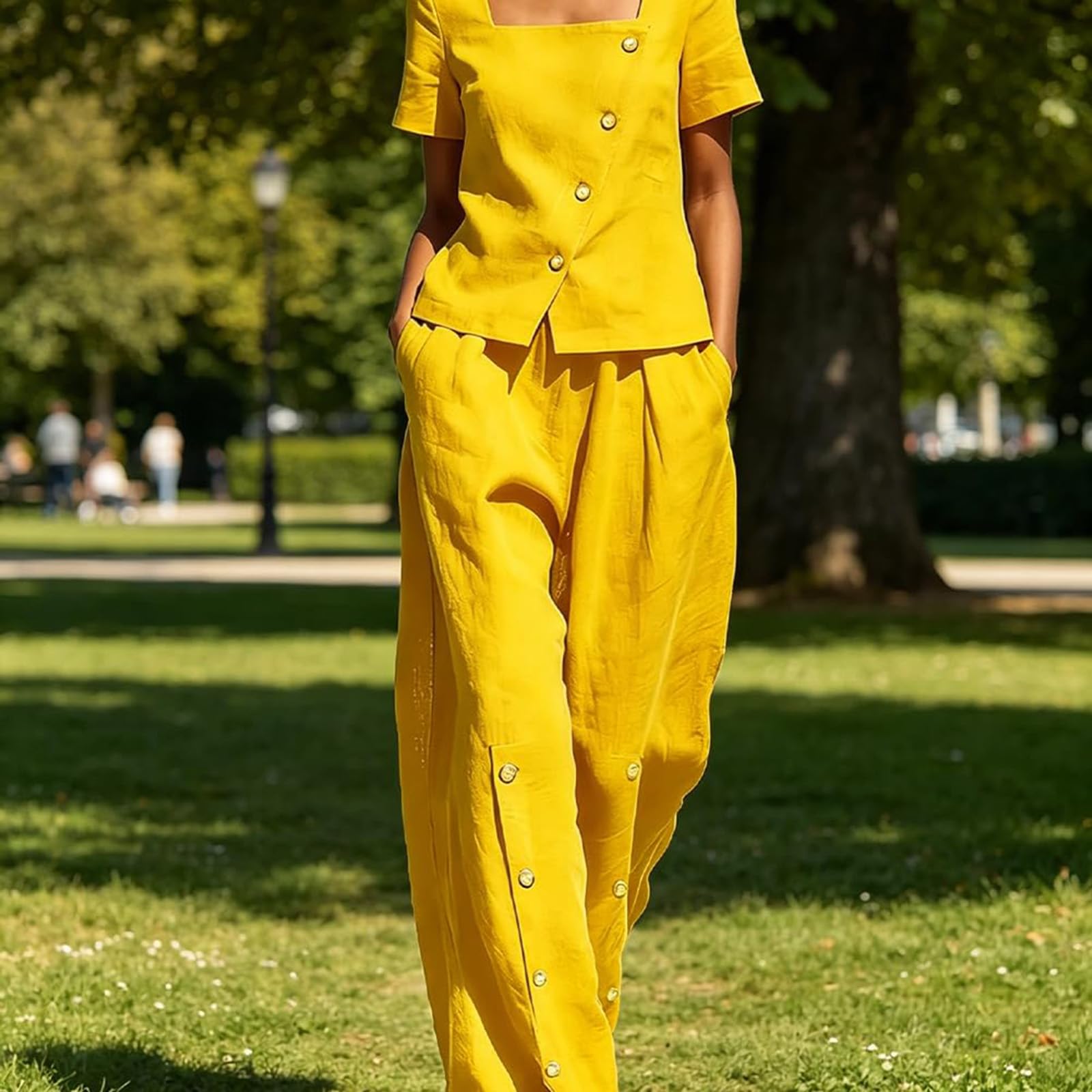 hausanzug damen Lässiges und modisches Damen Set aus kurzem Ärmel, weitem Bein, eckigem Ausschnitt, schräger Vorderseite, seitlicher Knopfleiste und eckiger Hose mit eckigem hosenanzug (Yellow, L)