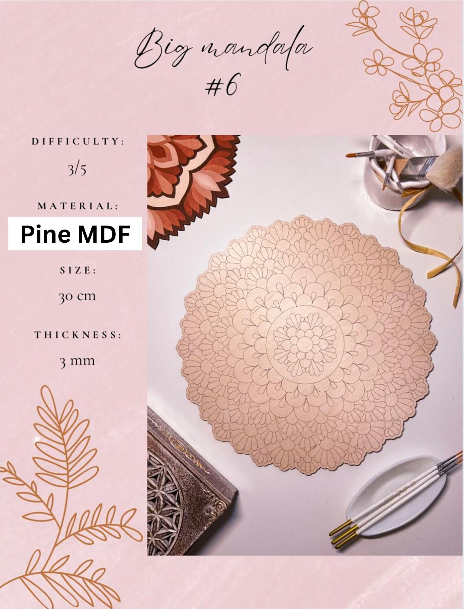 American Elm Pre-marked Wooden Mandala for Coloring DIY Art Therapy Home Wall Art Painting & Craft Board 30cm MDF Adult Coloring Activity 2