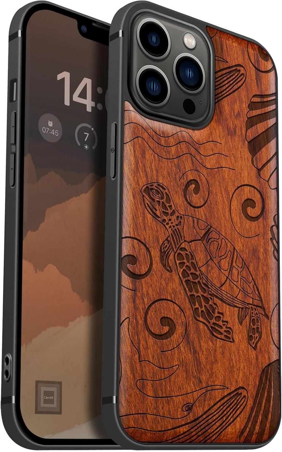 Carveit Magnetic Wood Case for iPhone 13 Pro Max [Hard Real Wood & Soft TPU] Unique & Classy Wooden Shockproof Hybrid Protective Cover Compatible with MagSafe (Ocean Wonders -Rosy)