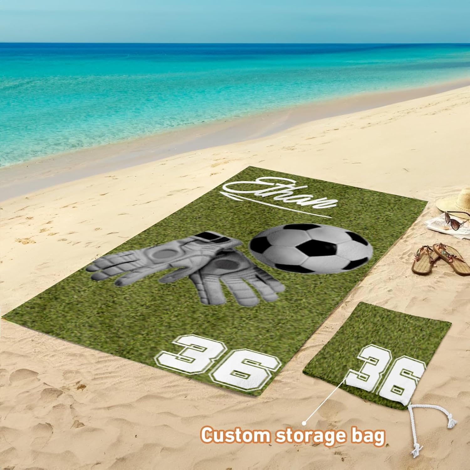 Dyoart Custom Name Beach Towel - Personalized Football Gloves Design - Oversized Soft Absorbent Microfiber Bath Pool Towels for Kids Adults Boy Girl Beach Blanket Essentials with Storage Bag