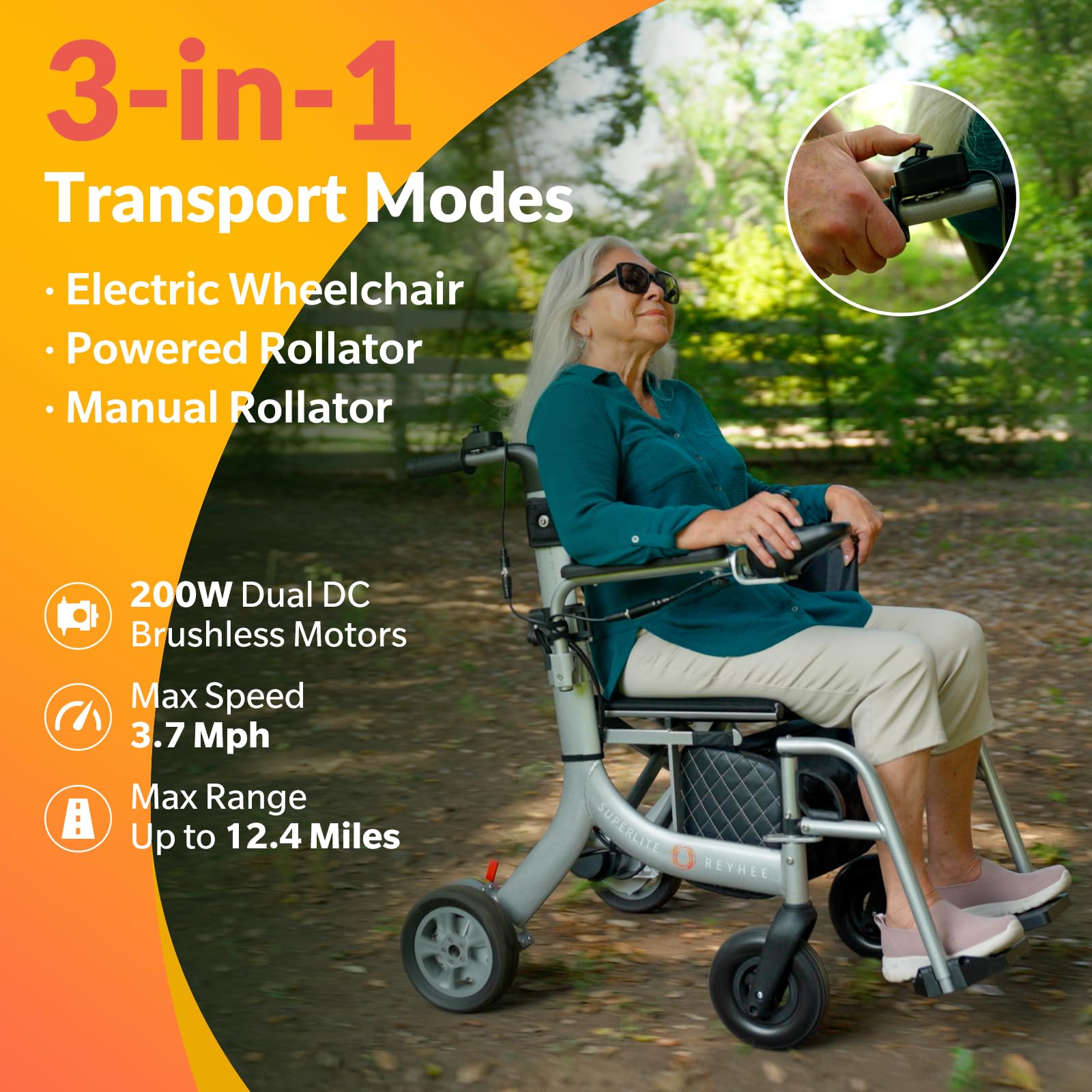 Reyhee Superlite 3-in-1 Folding Electric Wheelchair & Powered Rollator for Adults Seniors, 200W Motorized Wheelchair with Brushless Motor, Portable Lightweight Manual Rollator, Class 2 Medical Device