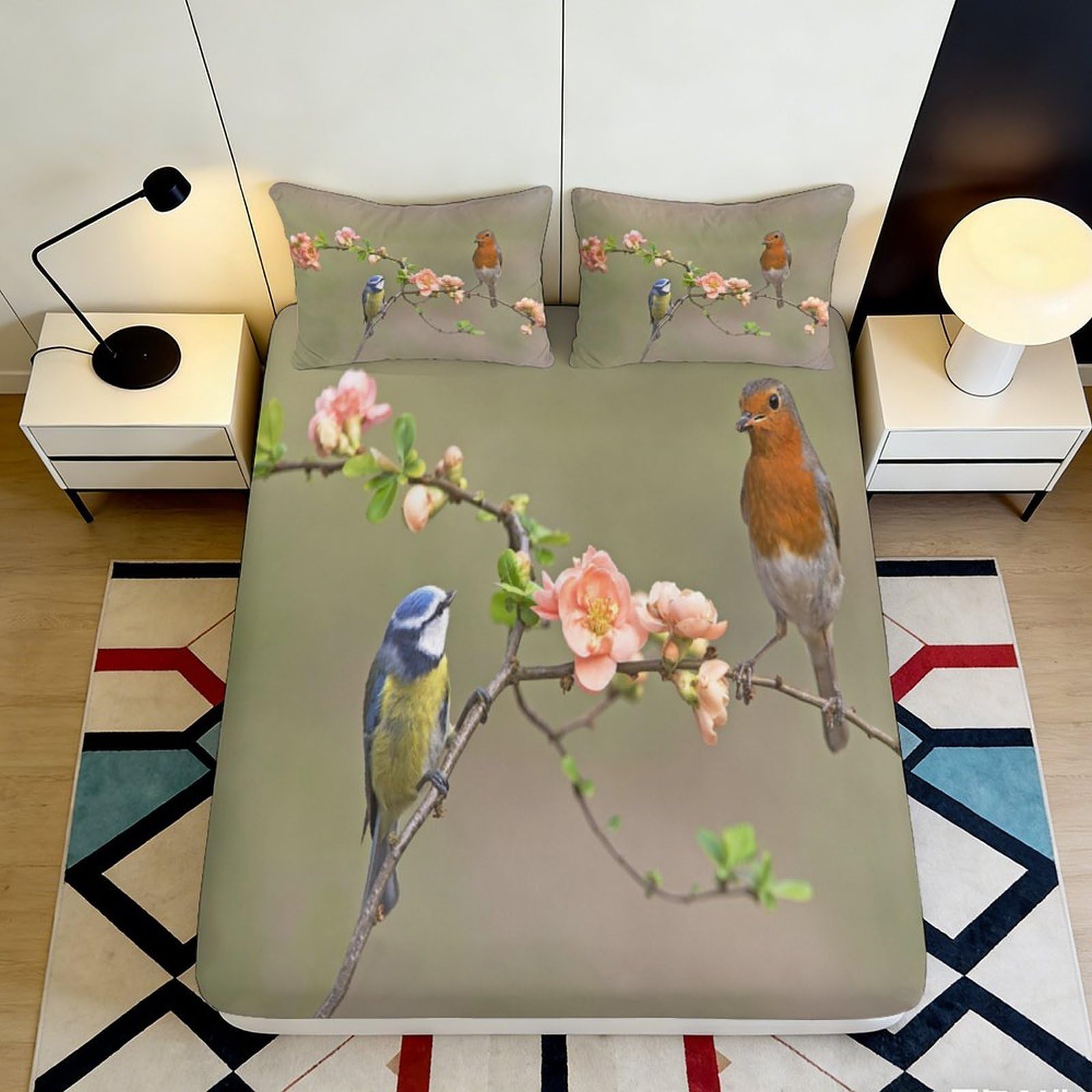 Pnayamiorkfel Style-10 3D Printed Blossom Bird Fitted Sheet Microfiber Soft Floral Songbird Mattress Cover Bedroom Decor Dustproof Washable 90X200x25cm