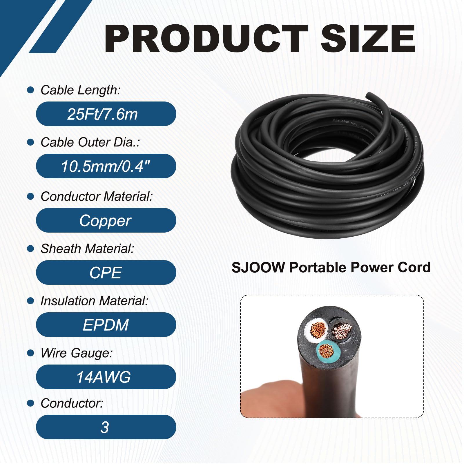 QUARKZMAN Cable Eléctrico SJOOW Calibre 14 Con 3 Conductores 25 Pies Cable Automotriz 14 AWG Cable De Alimentación Portátil 300V Para Generadores Luces LED Cargadores De Baterías Cable