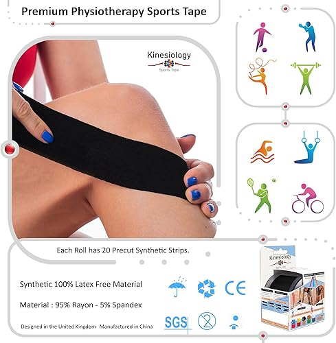 Vista 6 de Cinta de kinesiología precortada con dispensador – Cinta muscular deportiva sintética – Negro – Rollo de 16.4 ft – 20 tiras – Cinta de fisioterapia