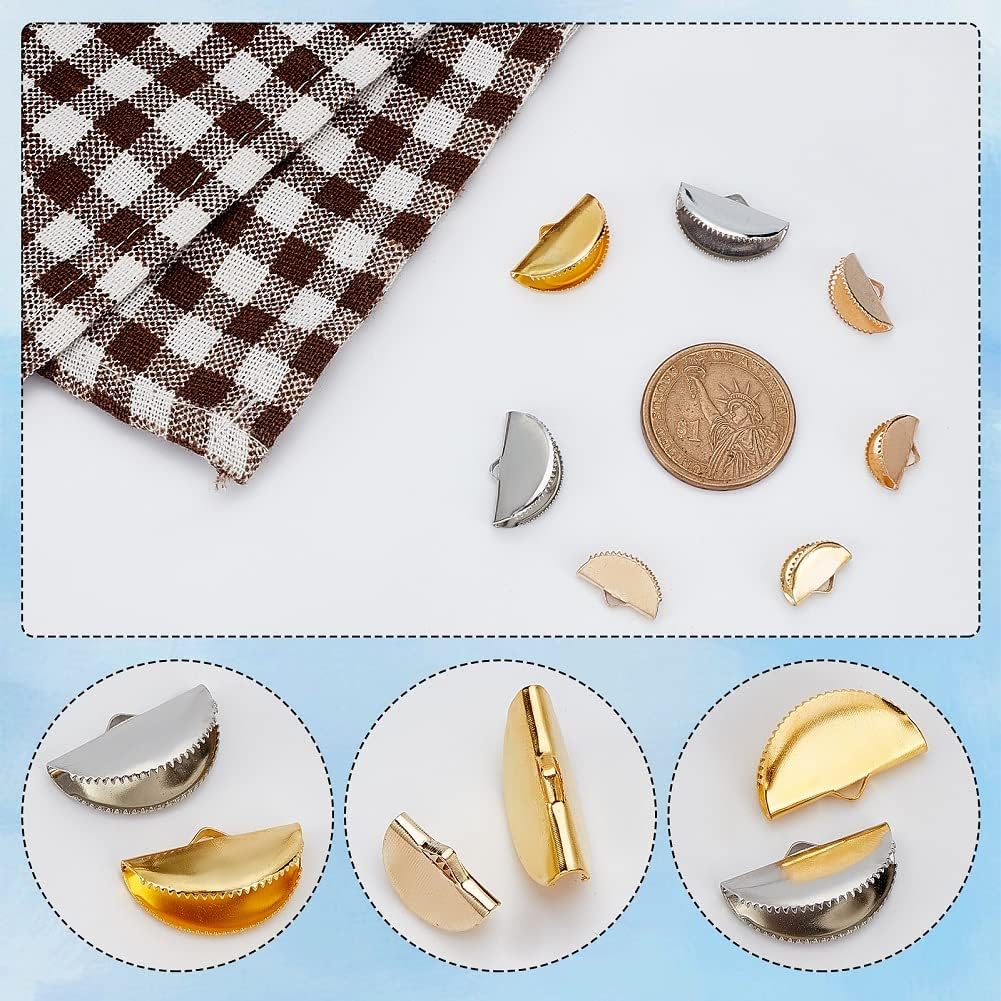 SUNNYCLUE 1 Box 350Pcs Ribbon Crimp Clamp Ends Iron Folding Crimps End Half Round Silver Gold Cord End Bookmark Pinch Crimp Ends for Jewelry Making DIY Choker Necklace Anklets Crafting Accessories