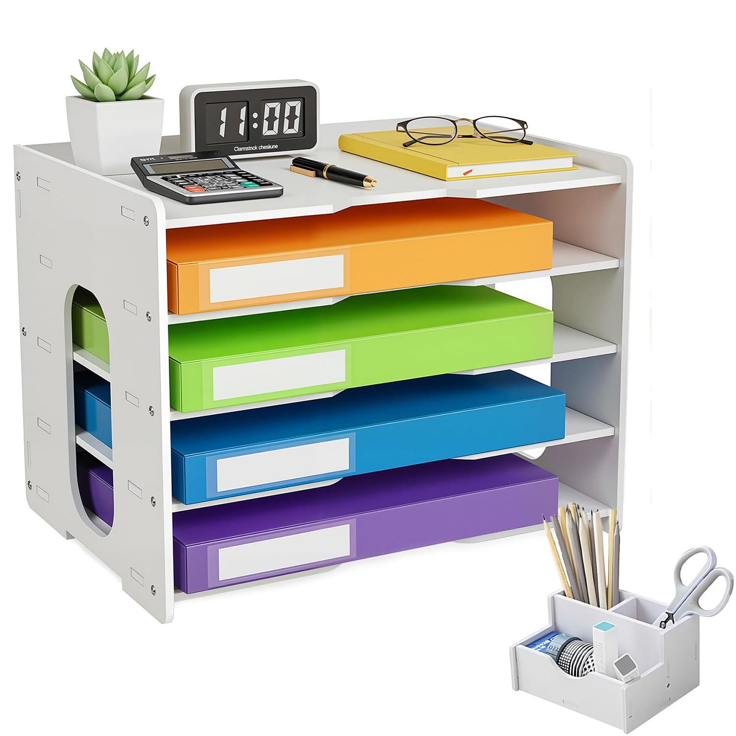Exquilnova 5 Tier Paper Organiser,34 X 26CM A4 Paper Tray with Pen Holder,White Stackable Filing Trays,Paper Tray Organiser,Desk Organiser Tray for Home,Office,School,Classroom(5 Tier)