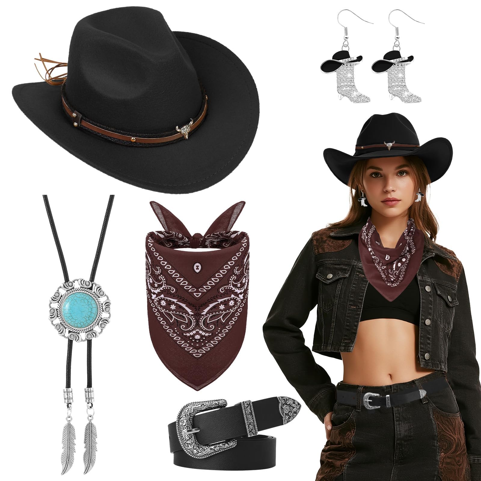 Set di 5 cappelli da cowgirl da donna, costume da cowgirl, set di accessori con cappello, collana, orecchini, cintura, bandana per Halloween, balli in maschera, cosplay, feste