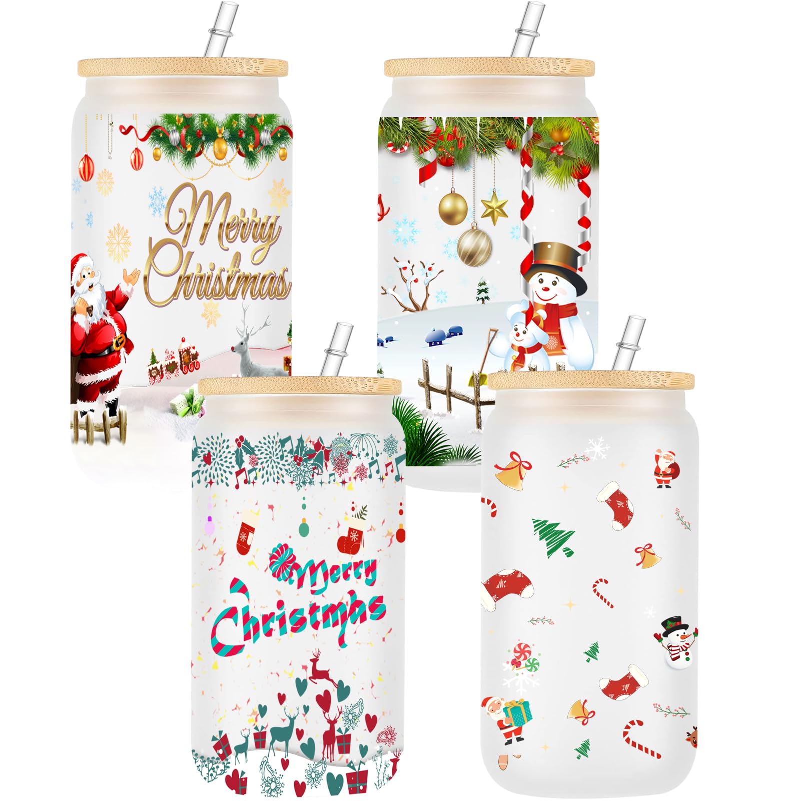 WOSIWULA 4 Pcs Christmas Glass Cups, Christmas Decorations Gifts, 360 Degree Xmas Printing of Images, Coffee Mugs Tumblers with Lids Straws Cleaning Brushes, 16oz