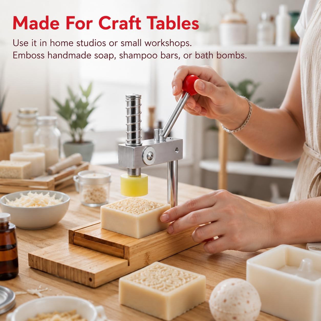 Prensa manual para estampar jabón, metal y bambú, 24,9 cm para manualidades DIY. Molde incluido.