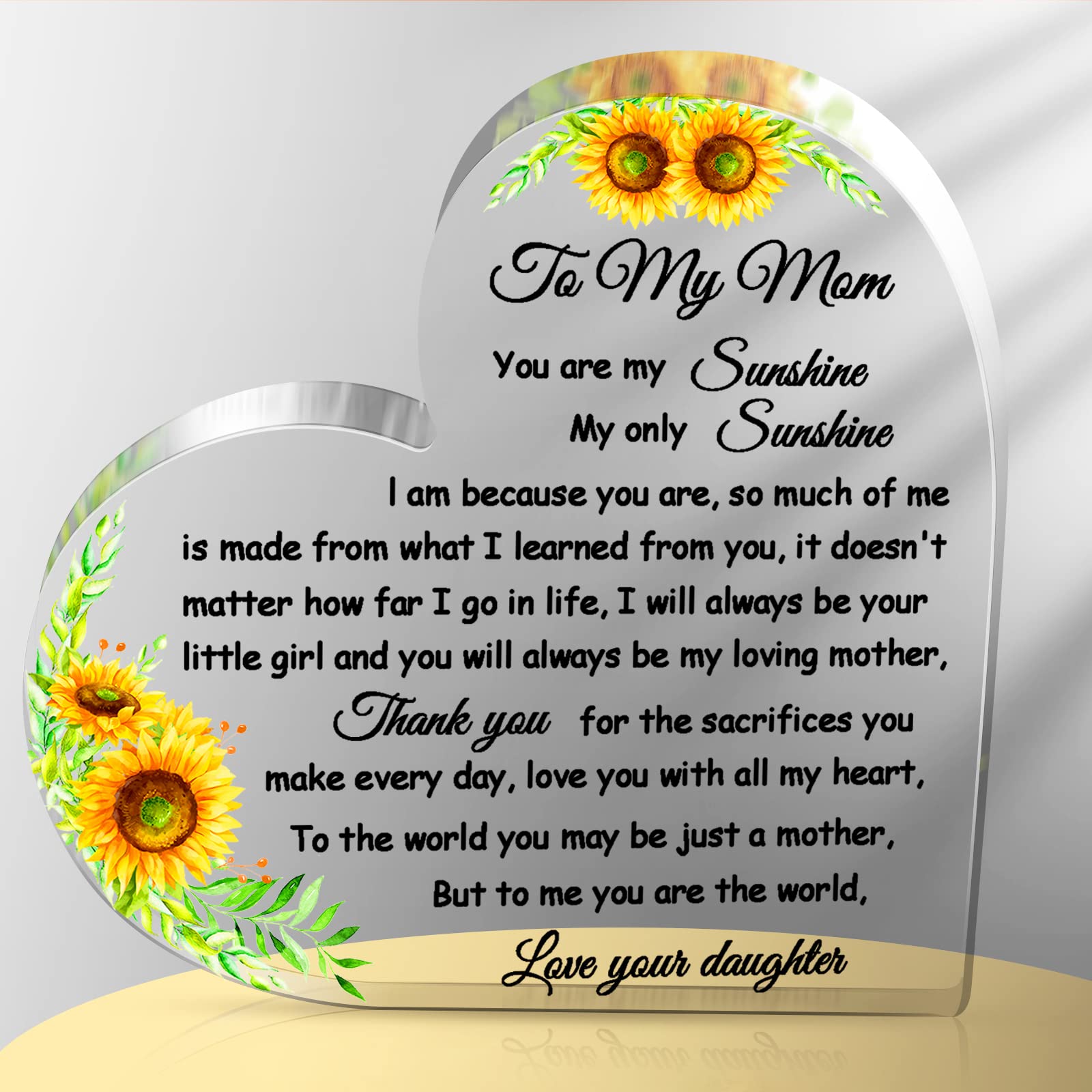 Gifts for Mom from Daughter Birthday Mom Gifts sunflower gifts for women Mother Acrylic Heart Sign for Mom Mom Gifts on Mother's Day, Valentine's Day Christmas Grateful Gift for Mother