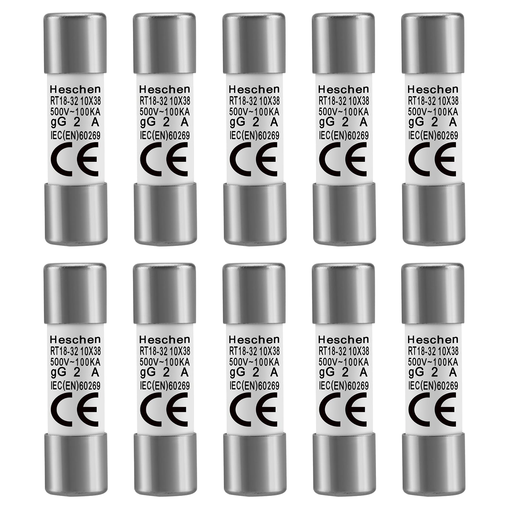 Cylindrical Ceramic Tube Fuse Link RT18-32 (RO15) 10 * 38 mm 2A 500V CE Pack of 10