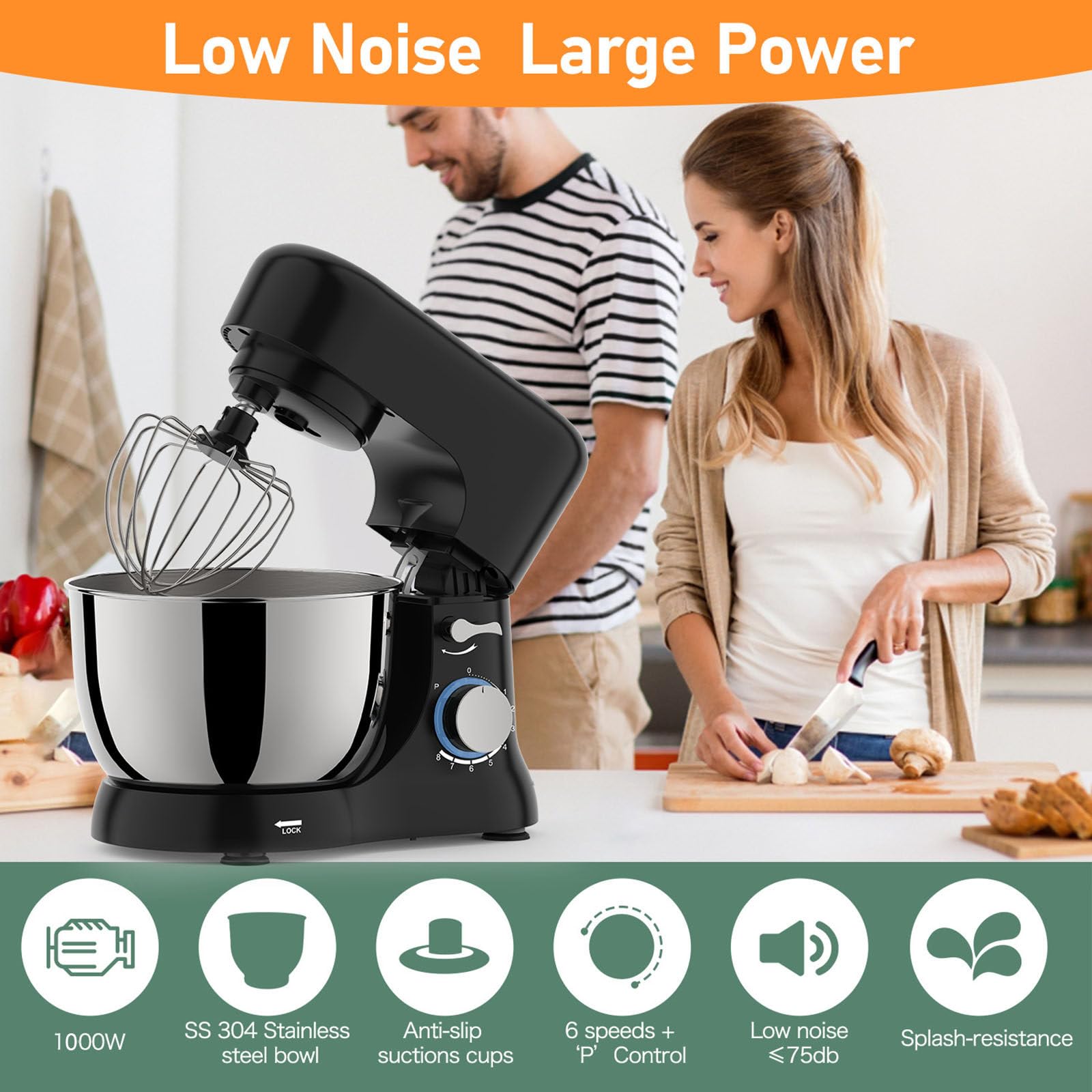 Batidora Eléctrica con Base, 4.5 QT, Gancho para Masa, Accesorios para Batidor Plano, 6 Velocidades con Batidor, para Hornear y la Mayoría de los Cocineros Caseros,110V550W