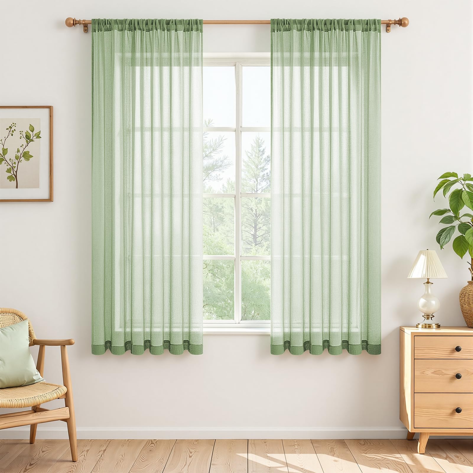 MRTREES Kurze Vorhänge Salbeigrün Transparente 2er Set H120 x B140 cm