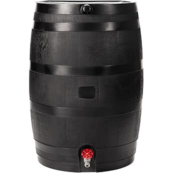 50-Gallon Rain Barrel with Brass Spigot, Flat Back Rain Water Collection Barrel, Walnut Color