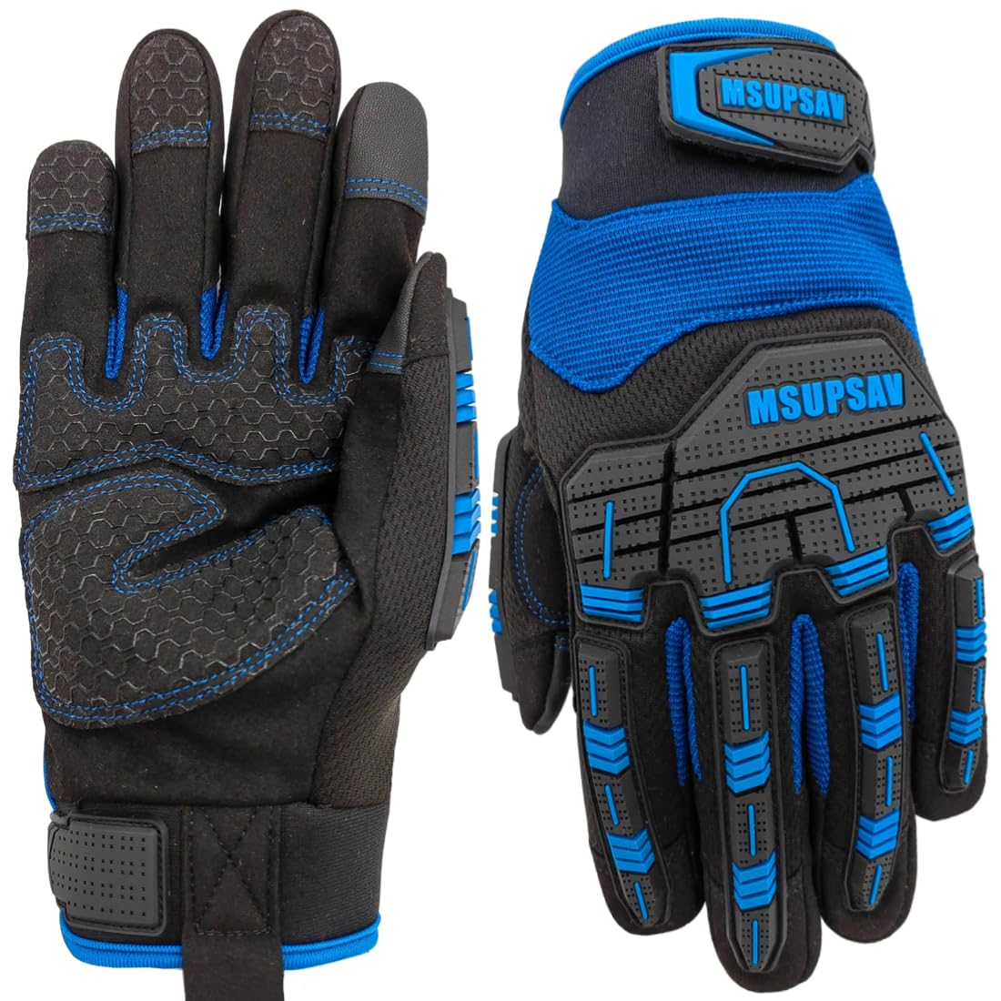MSUPSAV Heavy Duty Work Gloves,Utility Mechanic TPR Impact Protection and Vibration Safety Glove,Impact Protection,Small,Blue+Black