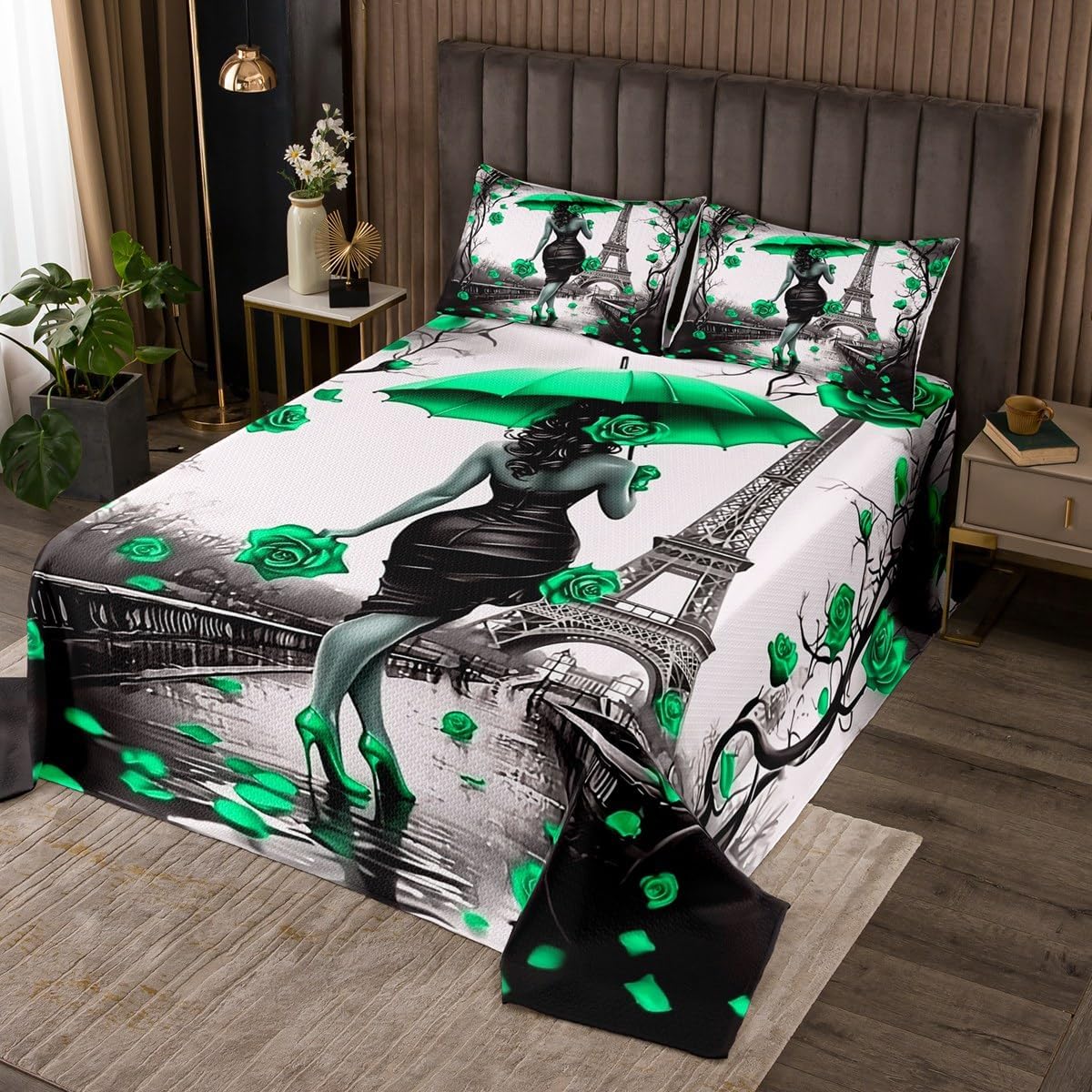 Erosebridal Romantic Paris Bedspread Set Women Green Rose Flowers Quilt Set Queen,Eiffel Tower Coverlet Sets,Girls American African Women Coverlet Sets,French Flower Floral Quilted