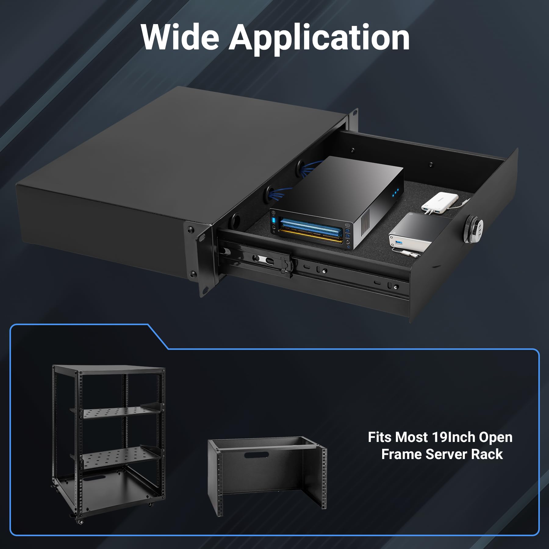 Cassetto per montaggio su rack 2U con serratura a combinazione e cuscinetto in schiuma, cassetto di bloccaggio verniciato a polvere per apparecchiature di rete da 19", server/DJ/AV, armadi