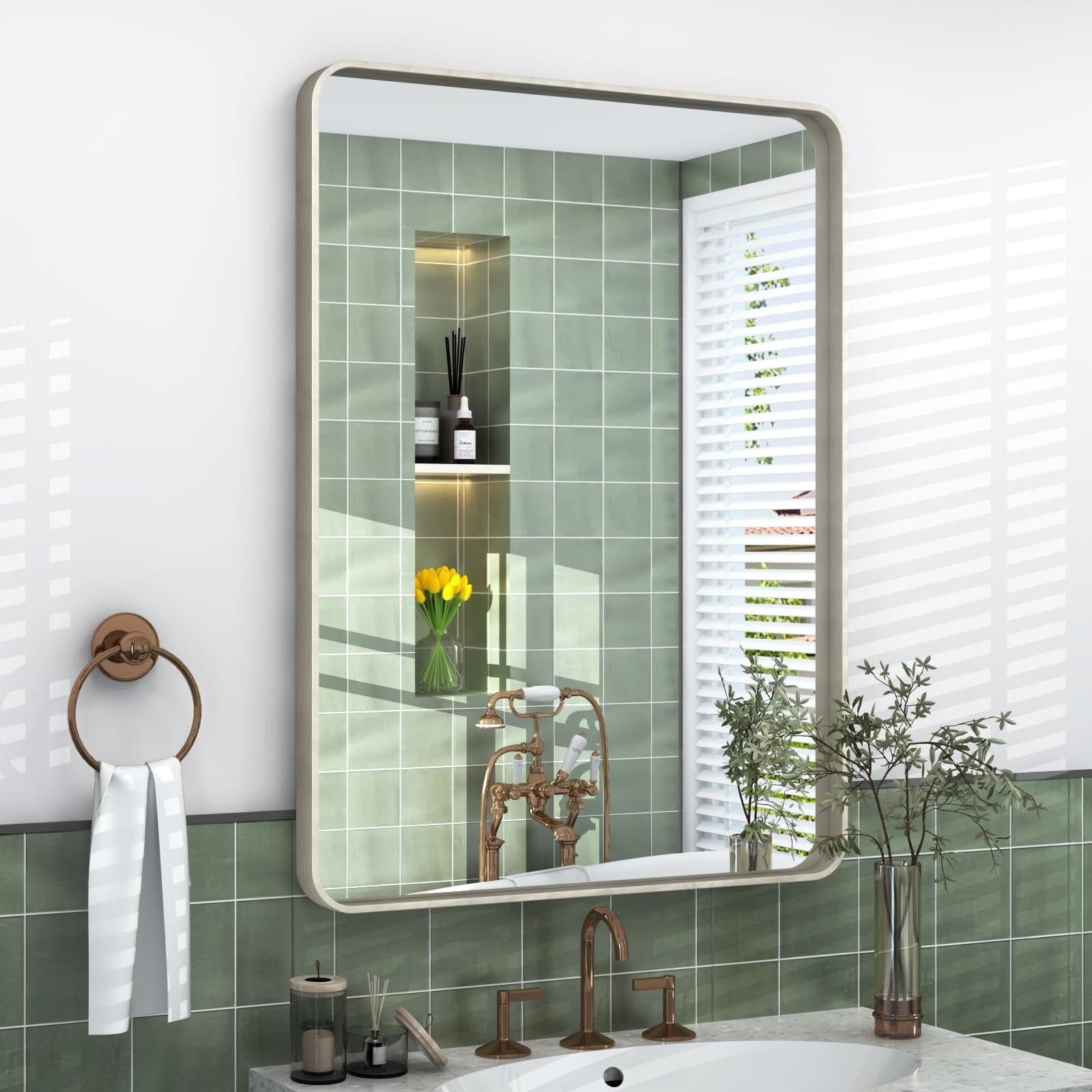 Photo 1 of 22x30 Inch Brushed Nickel Bathroom Mirror, Brushed Silver Metal Framed Wall Mirror, Rounded Corner Rectangle Modern Vanity Mirror, Tempered Glass, Anti-Rust, Shatterproof (Horizontal/Vertical)