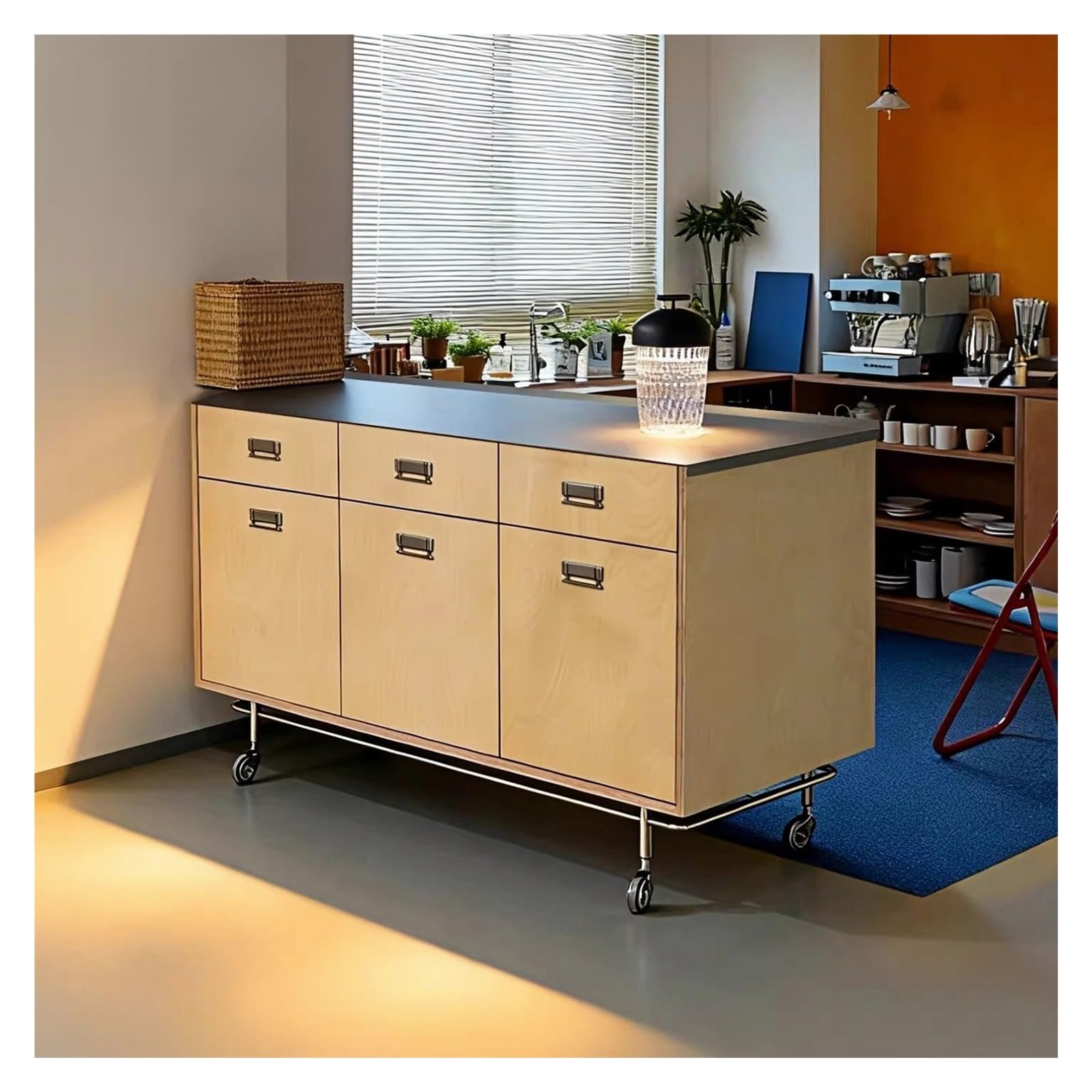 Carrello da cucina Carrello for cucina con isola, bancone in acciaio inox e 6 ruote portaoggetti con anta e cassetto