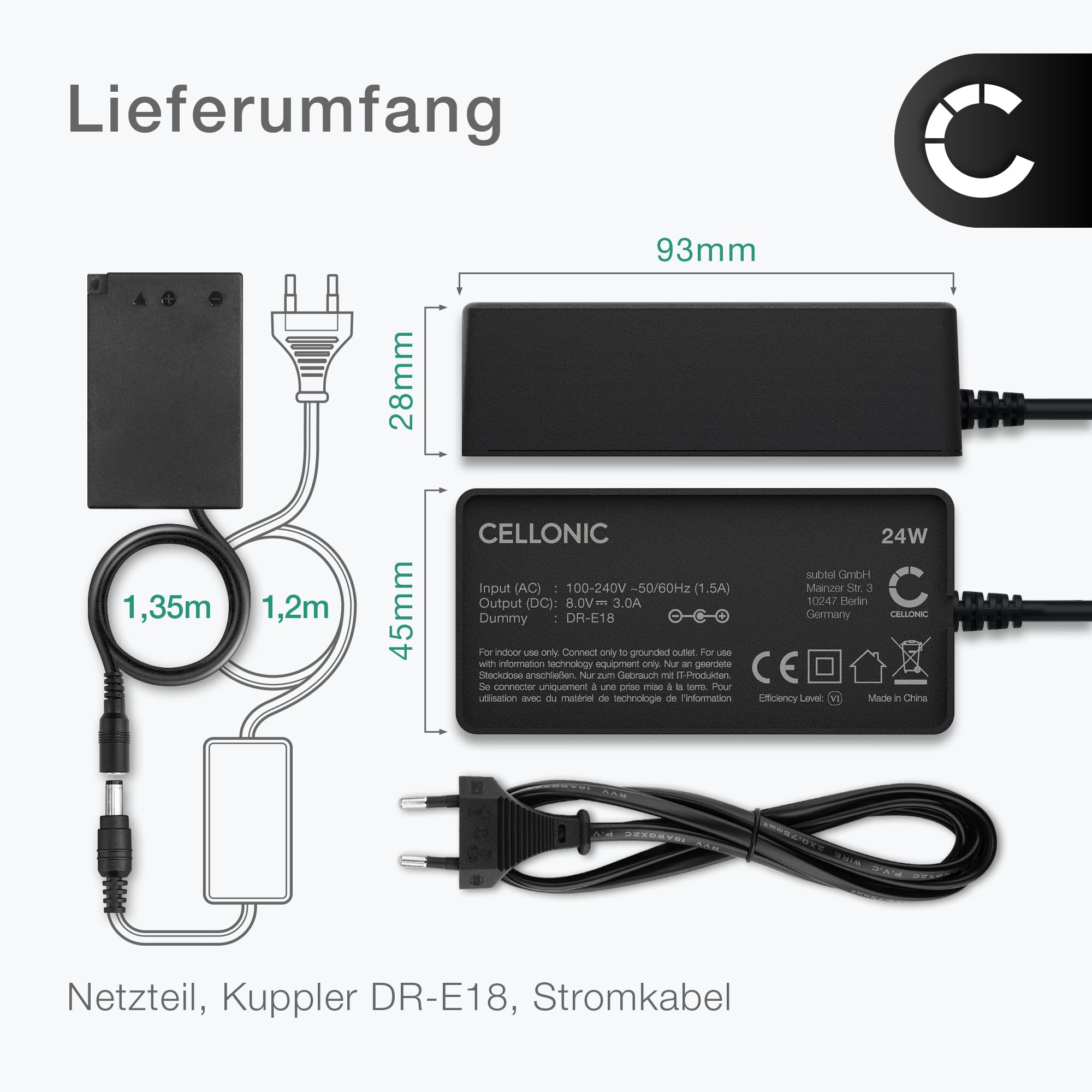 CELLONIC Adapter sieciowy kompatybilny z Canon EOS R50, R100, R10, 77D, M6 | ACK-E18, AC-E6N + DR-E18 + DC Coupler (akumulator Dummy), ok. 3 m, 100-240 V, zasilanie ciągłej kamery, do Canon AC-E6