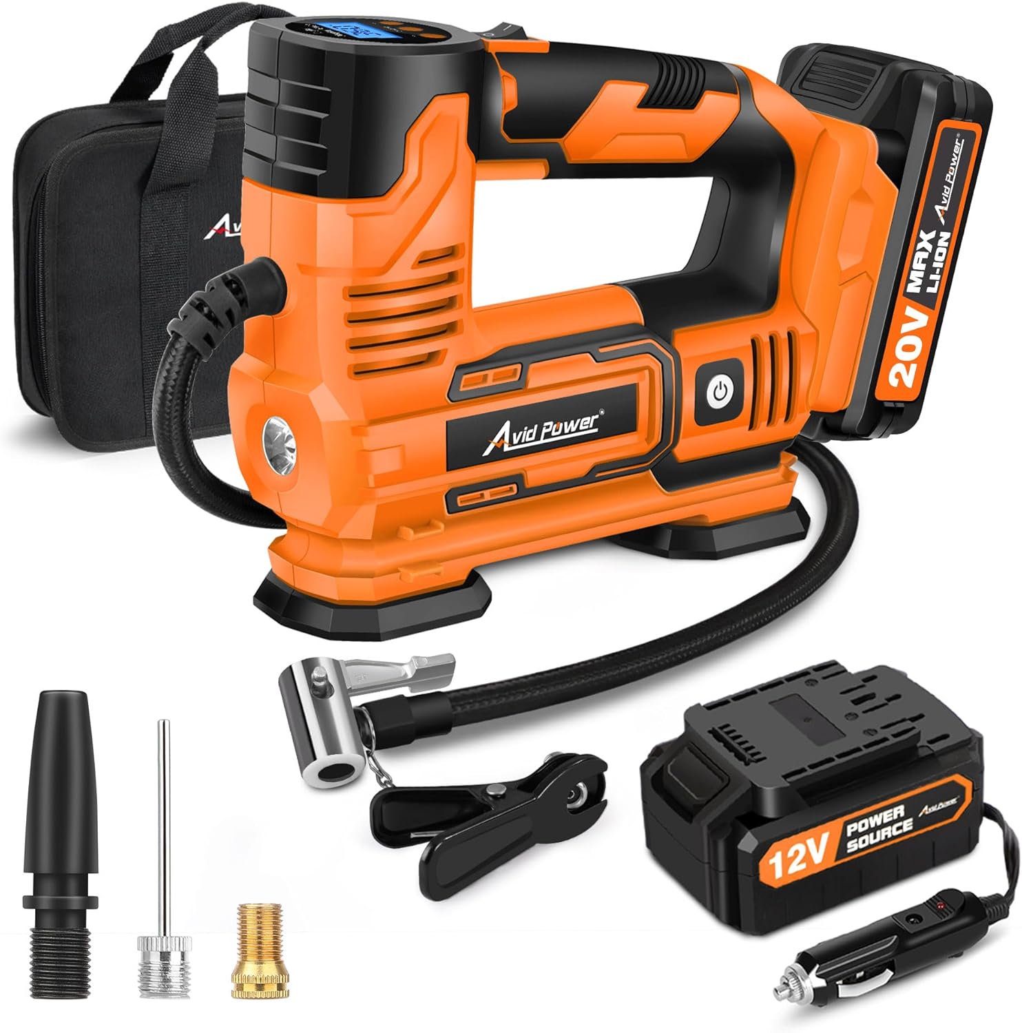 AVID POWER Tire Inflator Portable Air Compressor, 20V Cordless Car Pump w/Rechargeable Li-ion Battery, 12V Car Power Adapter, Digital Pressure Gauge, Tire Air Compressor for Many Inflatables Dark Orange