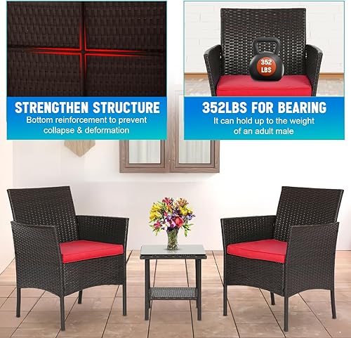 Miniatura 6 de FDW Juego de muebles de patio, muebles de exterior, muebles de mimbre para bistró, sillas de ratán con mesa auxiliar, patio, césped, porche,