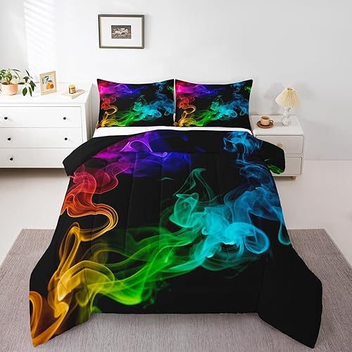 Erosebridal Psychedelic Smoke Comforter Set King,Rainbow Smoke Bedding Set Trippy Smoky Down Comforter for Kids Boys Girls Teens,Abstract Grunge Teal Blue Quilt Duvet Set Bedroom Decor 3 Pcs