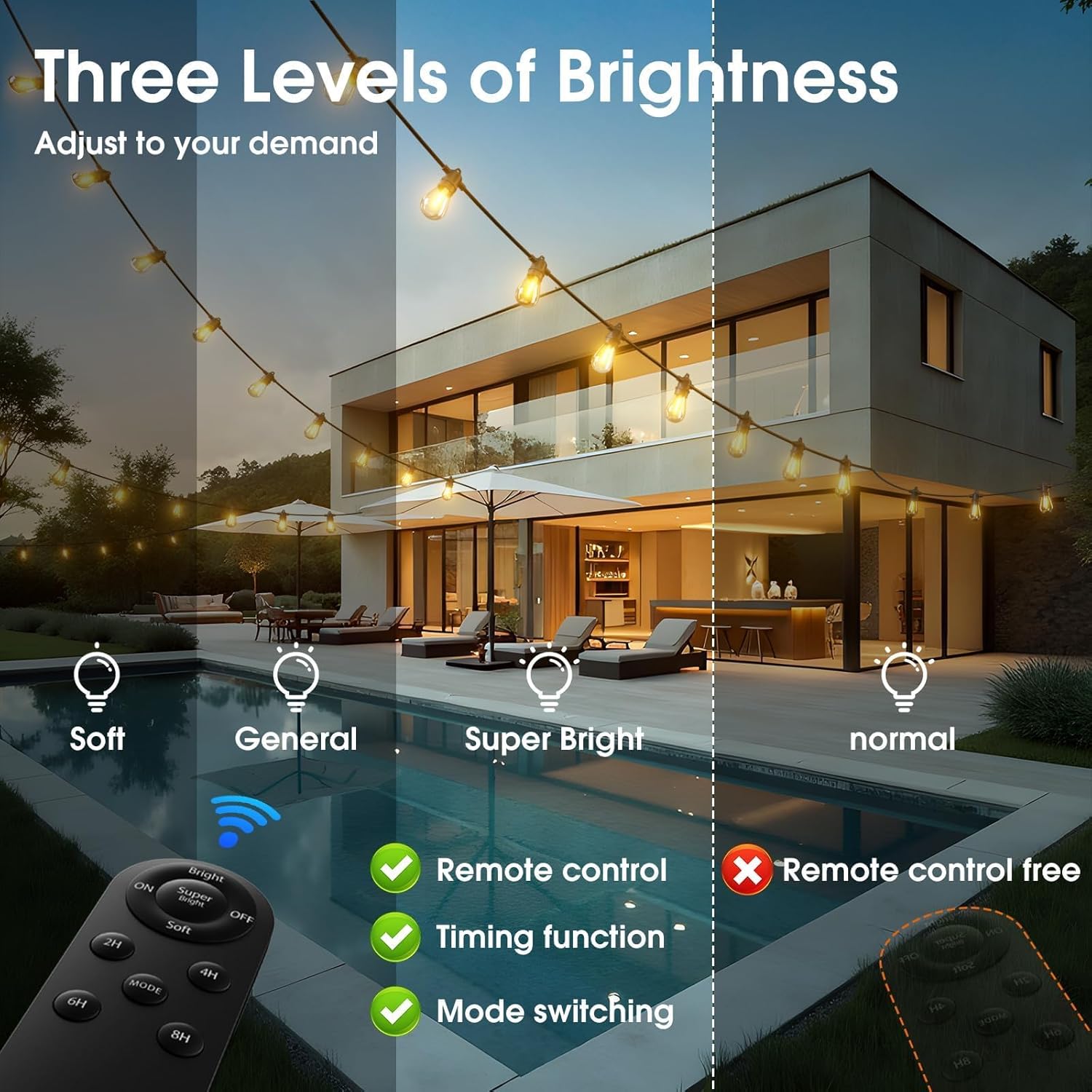 54FT Solar Powered Outdoor LED String Lights with Remote Control