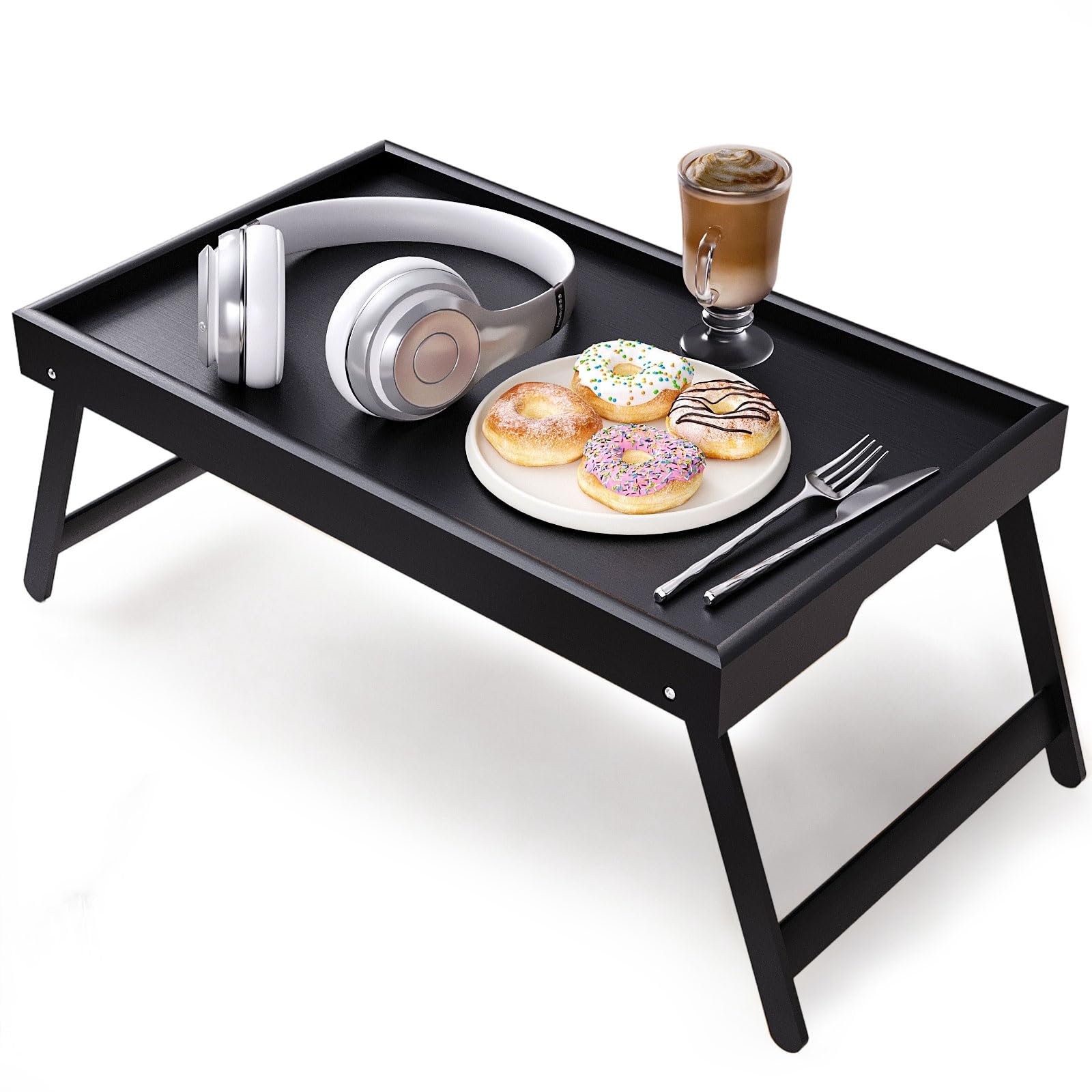 Bamboo Bed Tray with Folding Legs, Multipurpose Breakfast Bed Table Tray Laptop Stand for Eating, TV Table, Laptop Desk, Snack and Work Station (Black)
