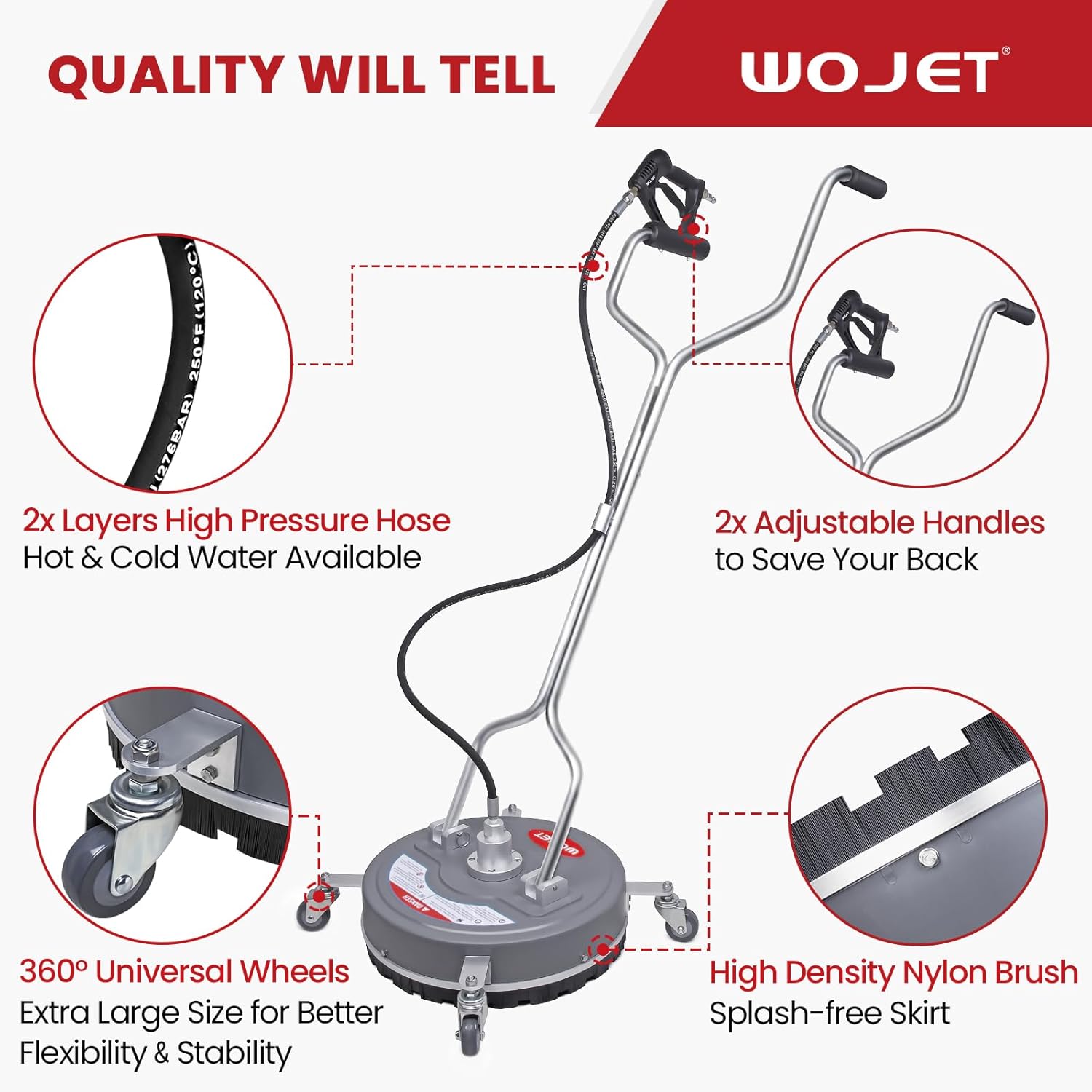 WOJET 18” Pressure Washer Surface Cleaner with 4 Wheels & Dual Handles, 4500PSI Surface Cleaner Attachment for Pressure Washer for Concrete Driveway Sidewalk Deck Patio Cleaning, 3/8'' Quick Connect